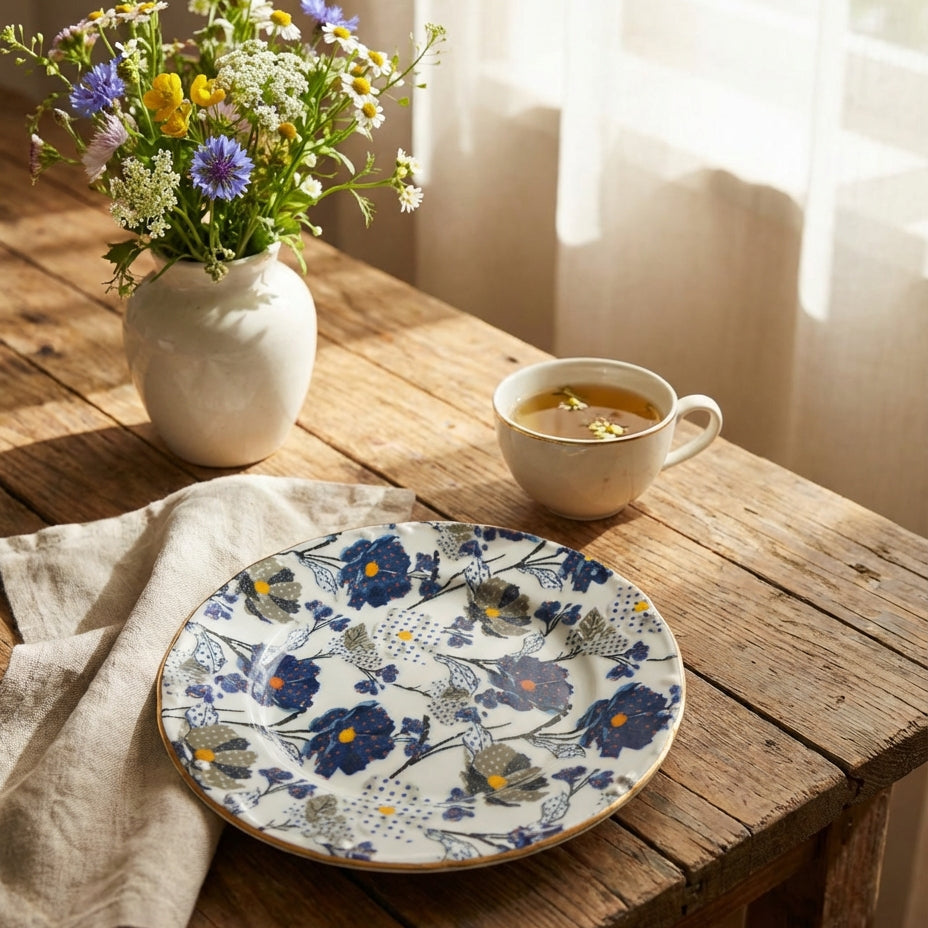 Floral plate, cup of tea, and vase with flowers on a wooden table.