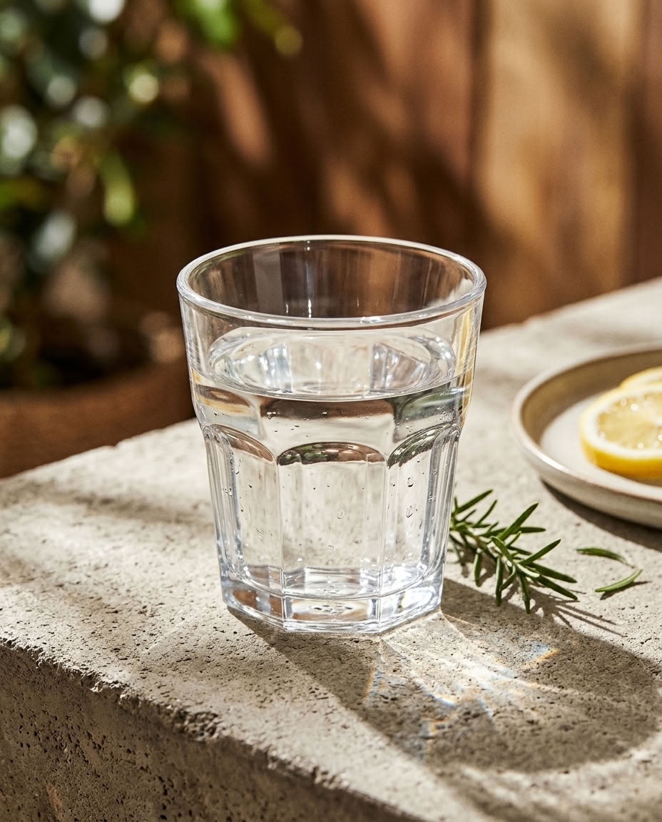 Clear glass tumbler lifestyle product photo