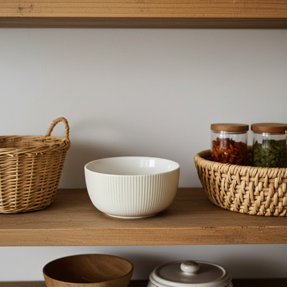 Wooden shelf with a wicker basket, white bowl, and glass jars on a neutral background