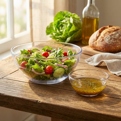 Clear glass bowl of salad with a loaf of bread and olive oil on a wooden table.