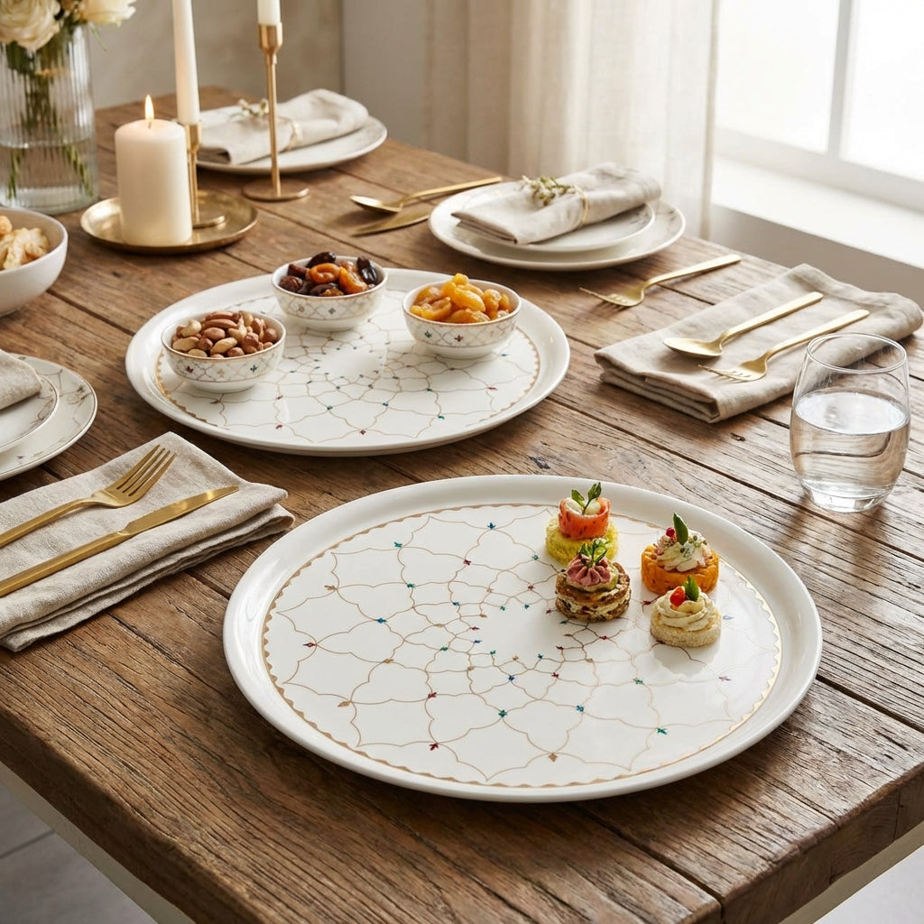Dining table set with plates, bowls, and small appetizers on a wooden table.