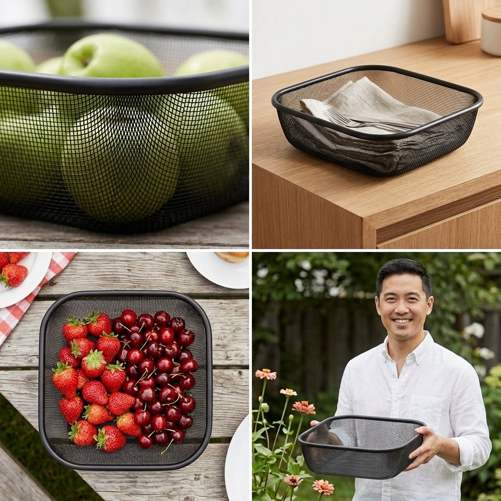 A four-panel collage showing a black mesh rectangular basket/tray in use: holding green apples, lined on a wooden surface, holding strawberries and cherries outdoors, and being held by a smiling man in a garden.