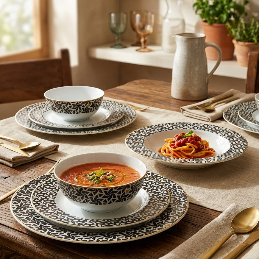 Dining table set with soup bowls, plates, and pasta, with a cozy indoor setting.