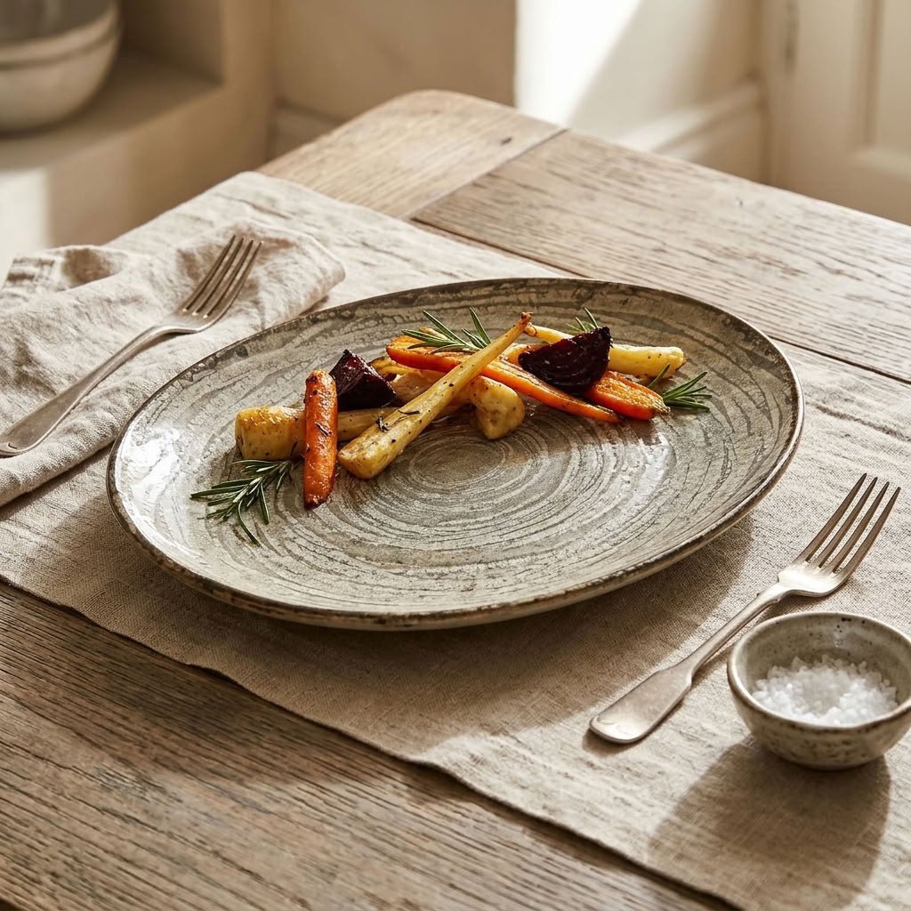 Oval porcelain platter – roasted vegetables serving