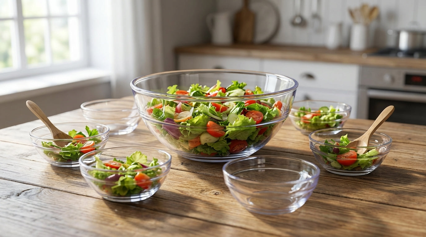 Clear glass bowls with salad on a wooden table in a kitchen setting