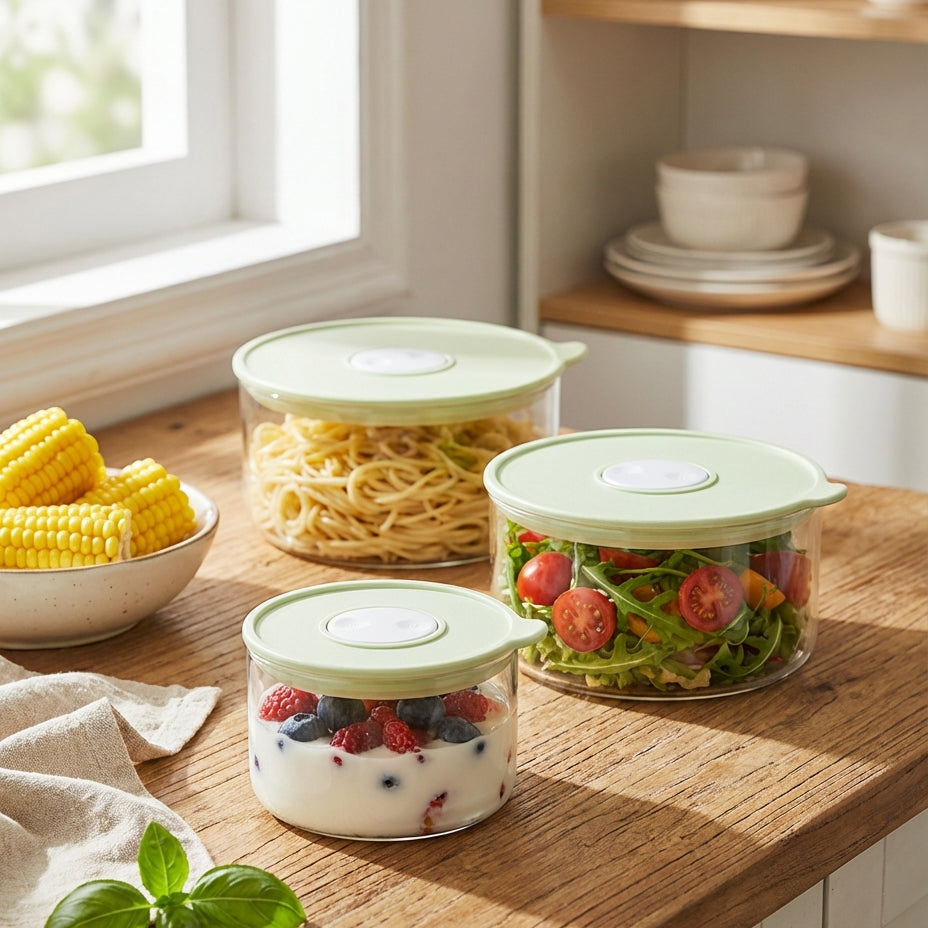 Set of glass containers with lids on a kitchen counter, containing various foods.