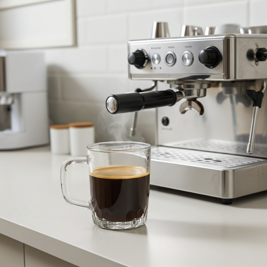 Espresso machine with a glass mug of coffee on a kitchen counter