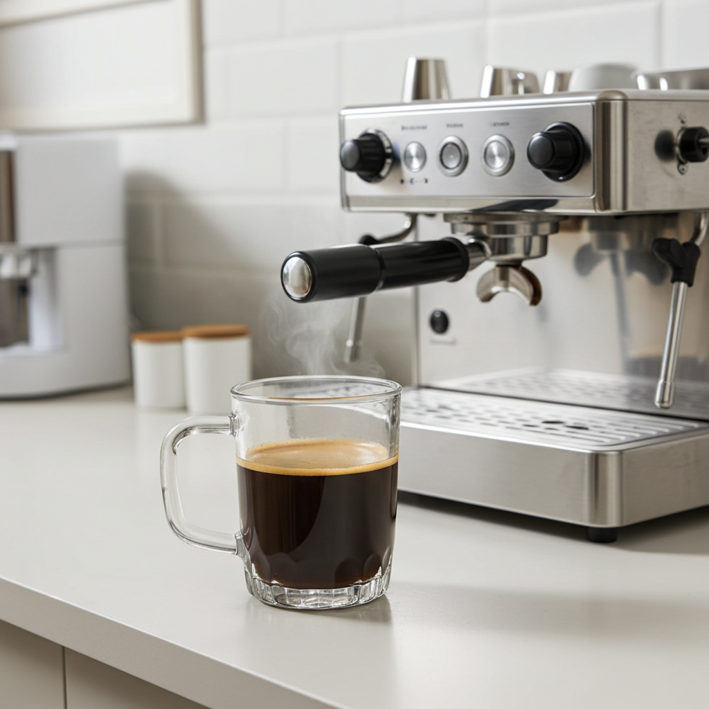 Espresso machine with a glass mug of coffee on a kitchen counter