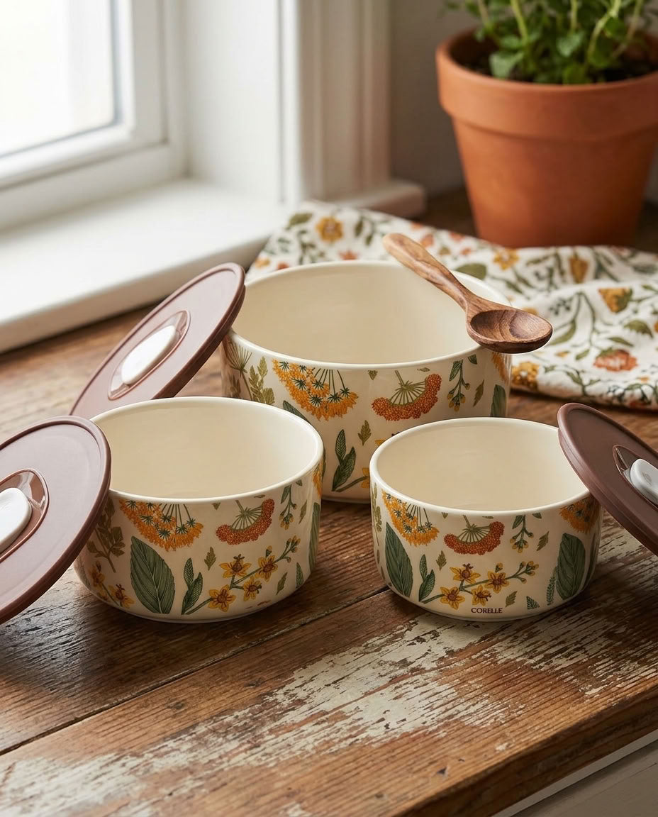 Three ceramic storage jars with floral patterns and brown lids, arranged on a rustic wooden table next to a window with a potted plant in the background.