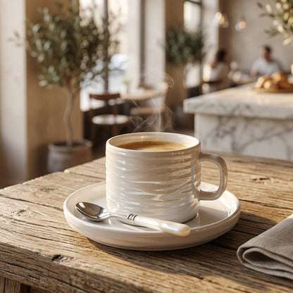 A white textured ceramic coffee mug filled with steaming coffee sits on a matching saucer with a spoon, set on a rustic wooden table in a warm, sunlit cafe interior.