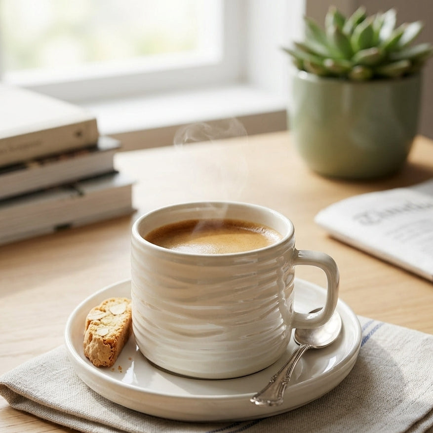 A white textured ceramic coffee mug filled with coffee sits on a matching saucer with a small biscuit and spoon on a folded napkin on a wooden table, with books, a newspaper, and a potted succulent in the background.