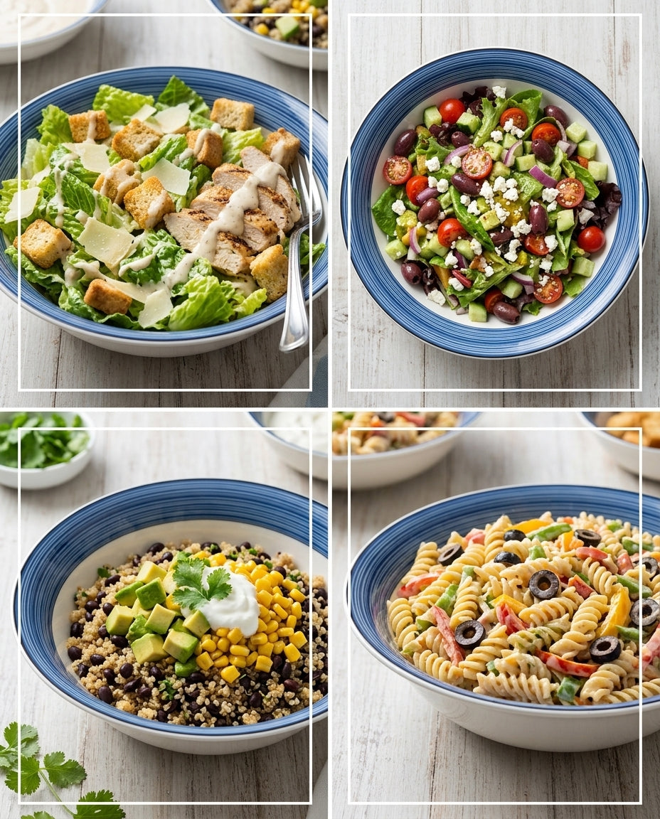 Collage of four different salads in blue bowls on a wooden table.