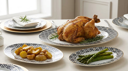 Roasted chicken with sides on a dining table