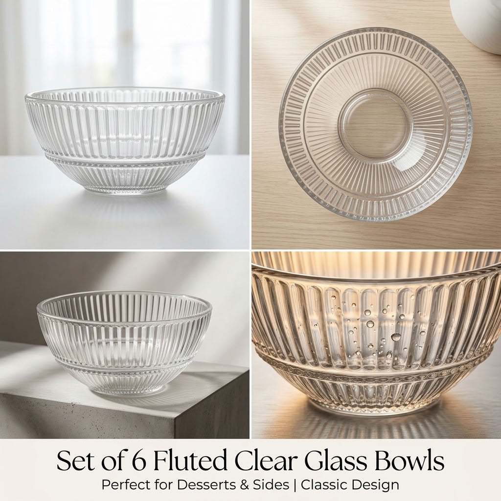 Set of 6 Fluted Lime Glass Bowls – 15 cm – Bowls  for Everyday Dining- Serving 6 People