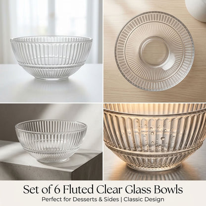 Set of 6 Fluted Lime Glass Bowls – 15 cm – Bowls  for Everyday Dining- Serving 6 People