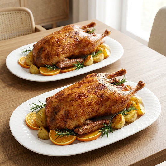 Two roasted chickens on platters with garnishes on a wooden table.