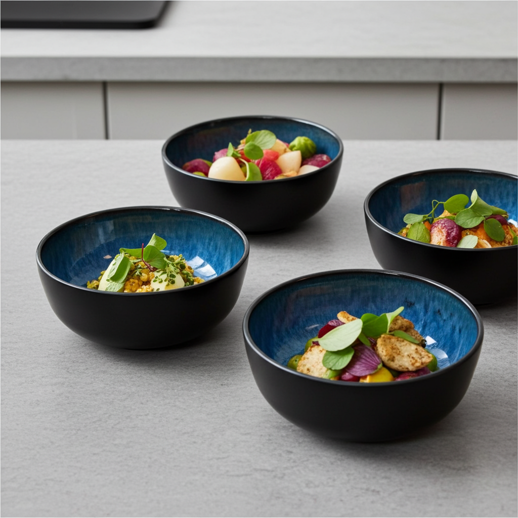 Four blue bowls with food on a gray surface
