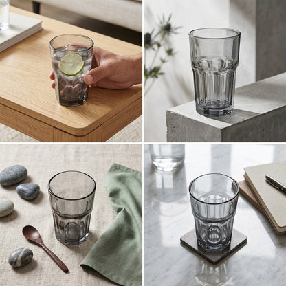 A four-panel collage showing a clear ribbed drinking glass in different real-world settings: held over a wooden table with a lime wedge, resting on a concrete block, beside stones and a spoon on a linen surface, and on a coaster on a marble table.