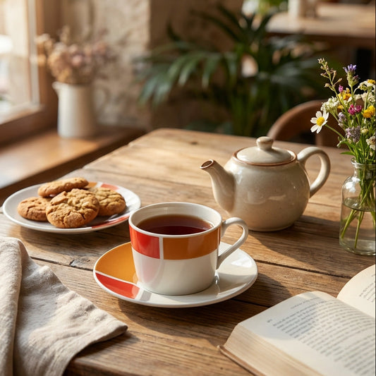 Tea cup with cookies and a book on a wooden table