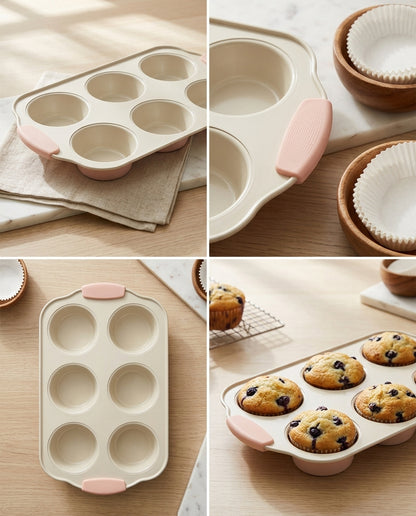 A 6-cup muffin tin shown in a four-panel collage on a light wood surface. The top-left panel shows the closed tin resting on a folded cloth; the top-right panel shows the open tin with pink handles and white paper liners; the bottom-left panel shows the closed tin alone; the bottom-right panel shows baked blueberry muffins in the tin.