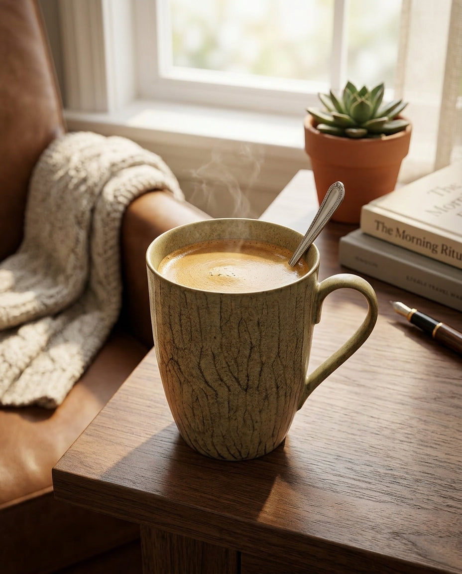 Mug of coffee on a wooden table with a cozy setting
