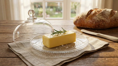 Butter on a plate under a glass cloche with bread in the background