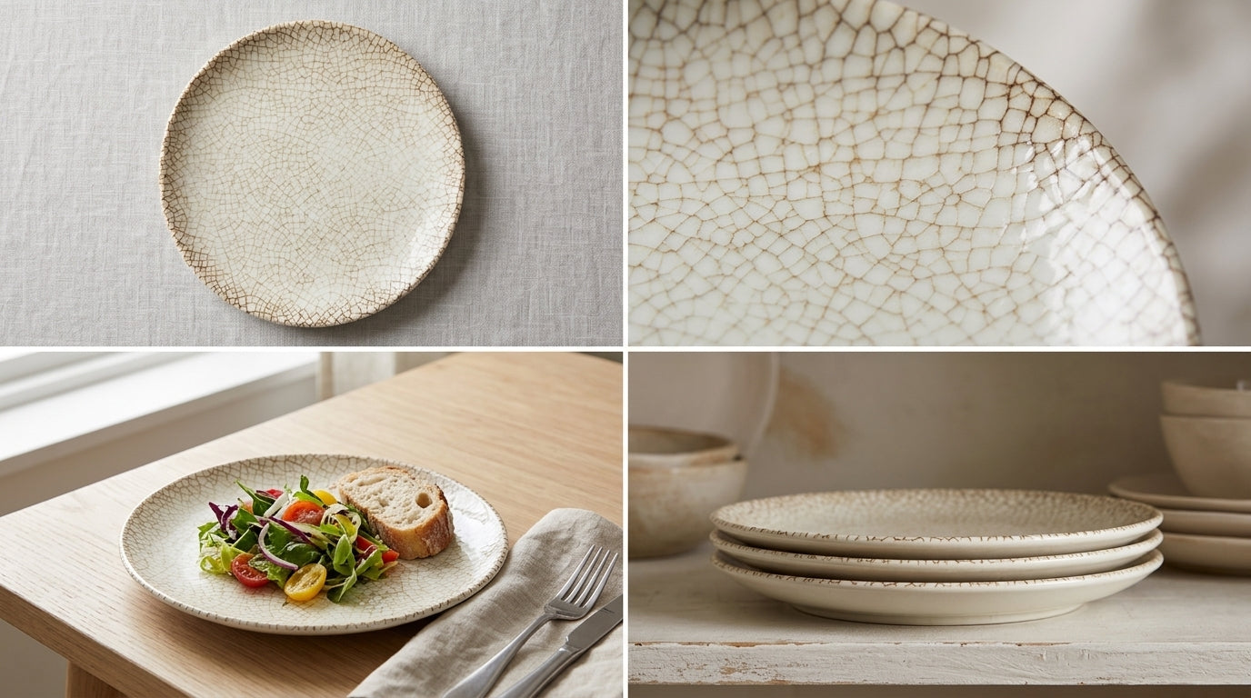 A collage showing a ceramic plate in four views: a top-down empty shot, a close-up of the crackle glaze pattern, a plated salad on a table, and a stack of matching plates in a dining setting.