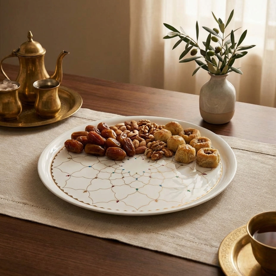 Plate of assorted dried fruits and cookies on a table with a teapot and cup.