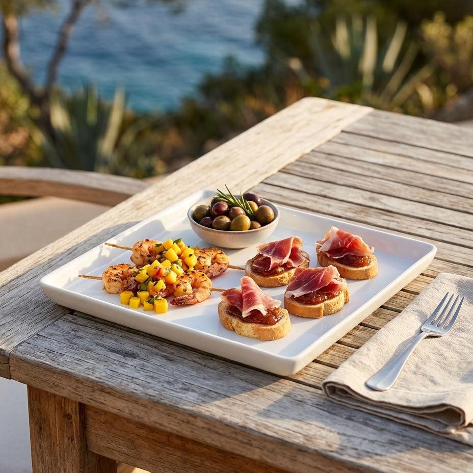 A white rectangular serving platter with shrimp skewers, prosciutto-topped appetizers, and a small bowl of olives, set on a wooden outdoor table with a blurred coastal background.