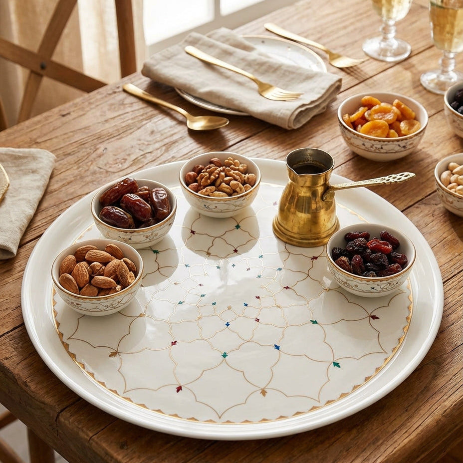 Decorative tray with small bowls of nuts and dried fruits on a wooden table.