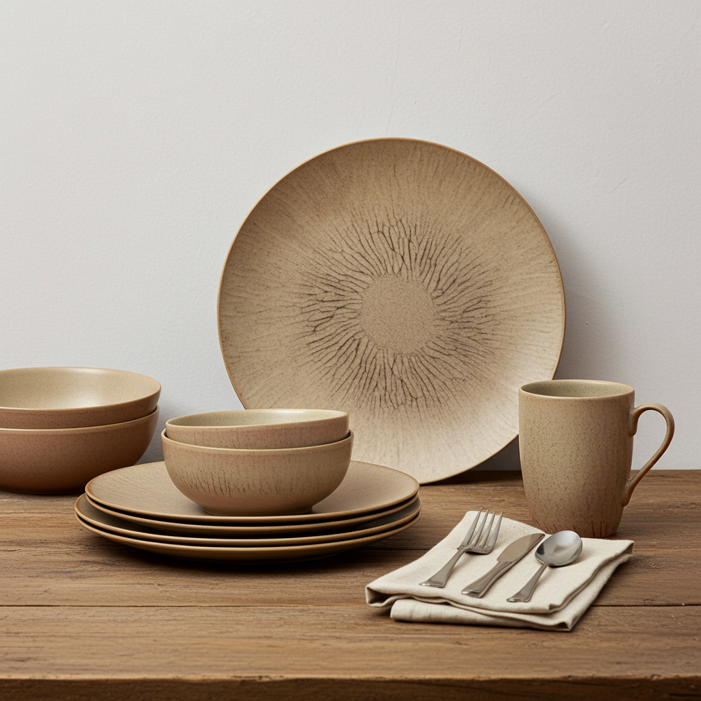 Set of brown ceramic dinnerware on a wooden table with a neutral background