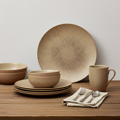 Set of brown ceramic dinnerware on a wooden table with a neutral background