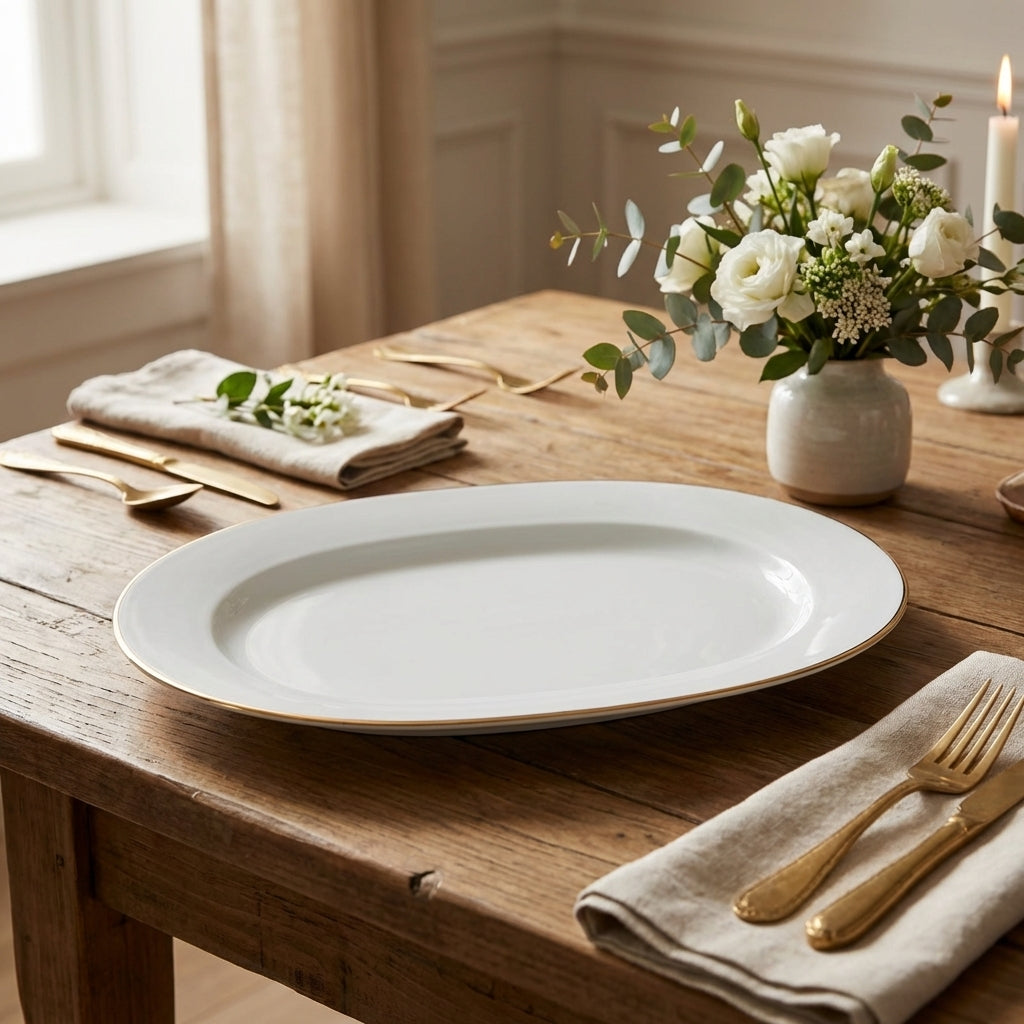 Dining table setting with a white plate, gold cutlery, and floral arrangement.