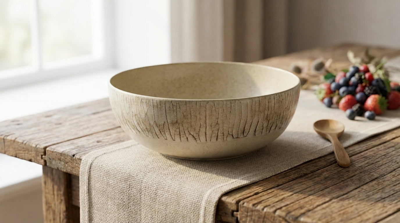 Porcelain  bowl on a rustic wooden table with fruits and a spoon