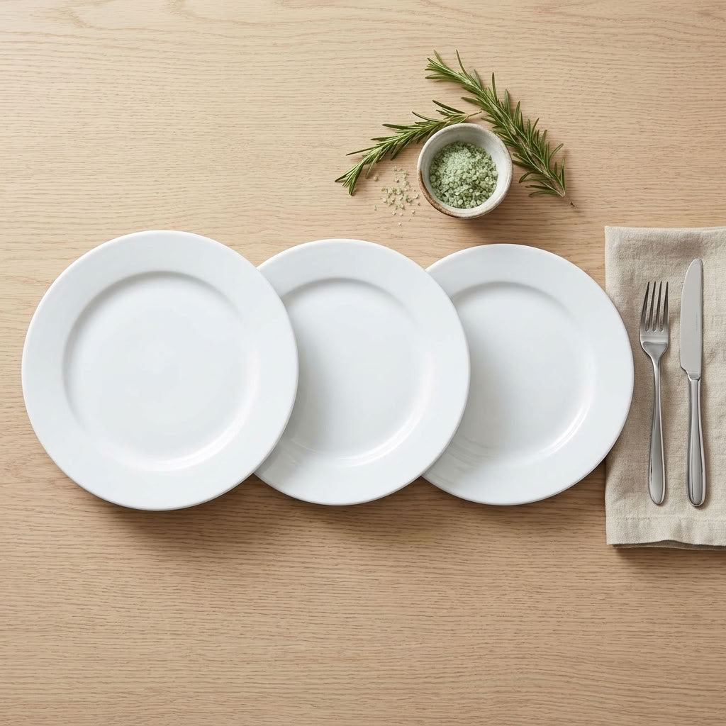 Three white ceramic plates arranged in a row on a light wood tabletop, styled with a small bowl of green seasoning, rosemary sprigs, and a beige napkin holding a fork and knife.
