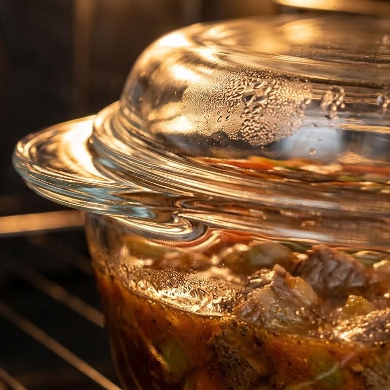 A clear glass baking dish with a matching glass lid sits on an oven rack, filled with cooked food and shown inside an oven with warm light reflecting off the glass.