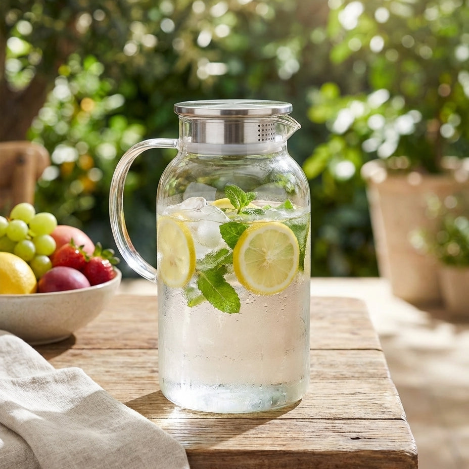 Clear glass pitcher with lemon slices and ice on a wooden table outdoors.