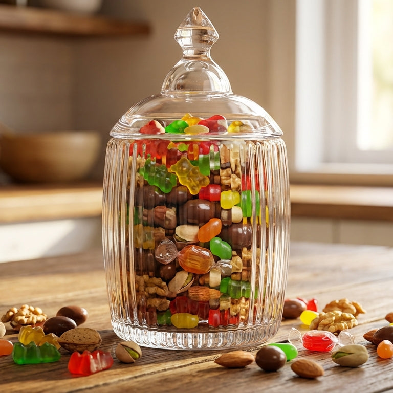 Glass jar filled with assorted candies on a wooden table