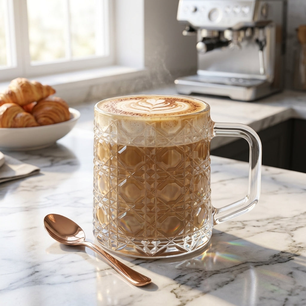 A clear textured glass mug filled with a latte on a marble countertop in a bright kitchen, with a spoon beside it and pastries in the background.