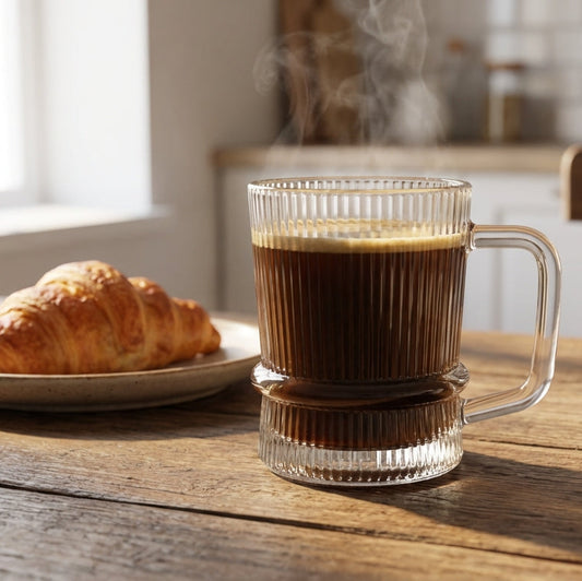 Steaming cup of coffee on a wooden table with a croissant and a bowl of marshmallows.