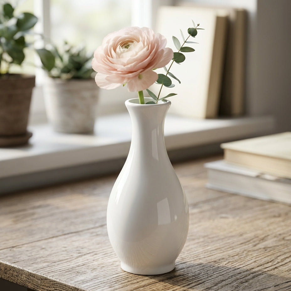 White vase with pink flower on a wooden table