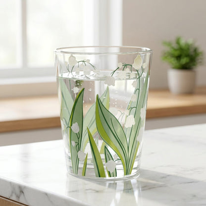 Clear glass tumbler with floral design on a marble surface