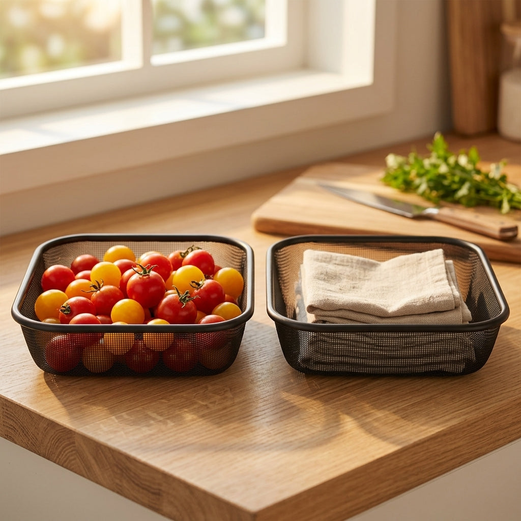 Two black mesh rectangular baskets on a wooden kitchen counter, one filled with red and yellow cherry tomatoes and the other with a folded beige cloth, with a cutting board and knife in the background.