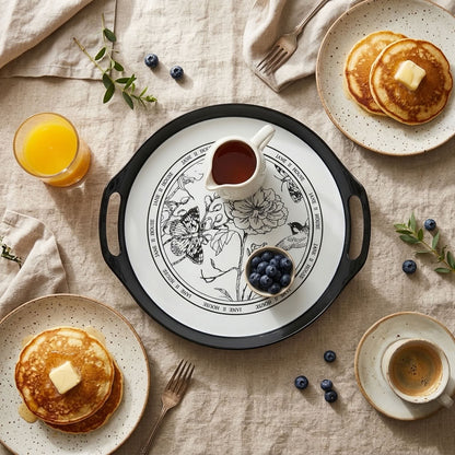 Black floral serving tray – breakfast styling