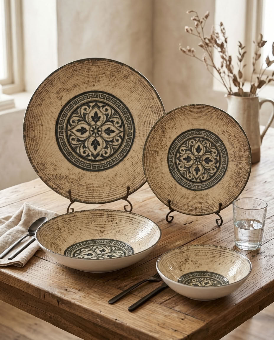 Mosaic Heritage dinnerware – plates displayed on stands