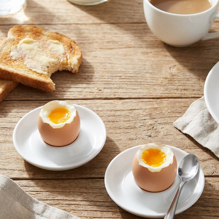 Two soft-boiled eggs on white plates with toast and coffee on a wooden table.