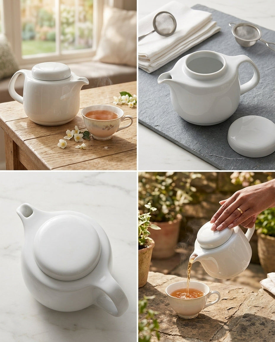 A four-panel collage showing a white ceramic teapot with a matching lid, styled in home and outdoor tea-setting scenes. One panel shows the teapot on a wooden table beside a teacup, another on a gray mat with tea strainers and a lid, a third close-up on a white marble surface, and the fourth shows a hand pouring tea from the teapot into a cup outdoors.