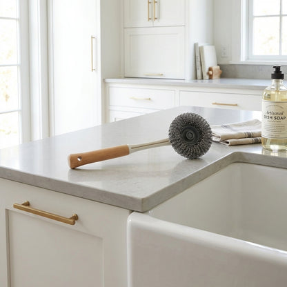 Cleaning brush on a kitchen counter with soap bottle