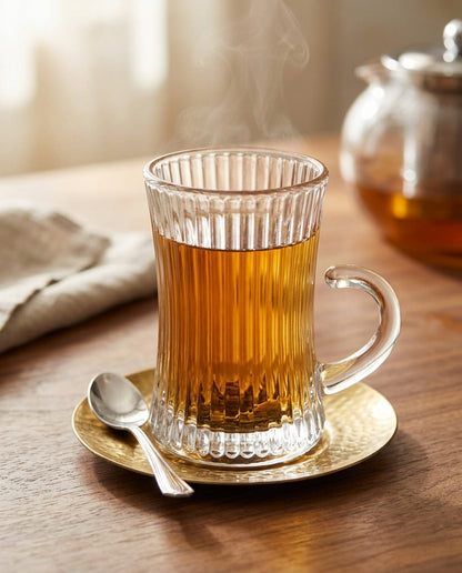 A ribbed clear glass mug filled with amber tea, set on a small gold-toned saucer with a spoon, on a wooden table with a teapot blurred in the background.