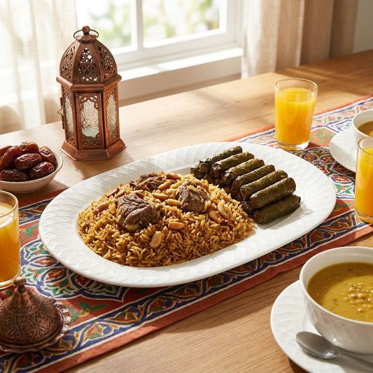 Dish of rice with meat and vegetables on a table with glasses of orange juice and a lantern.